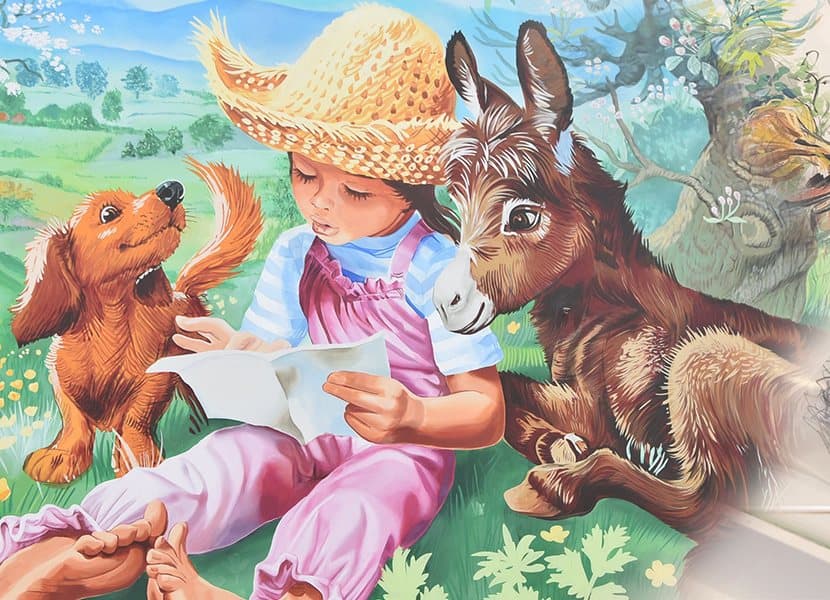 Fresque murale de Martine, Patapouf et l'âne Patachon au Centre Marcel Marlier