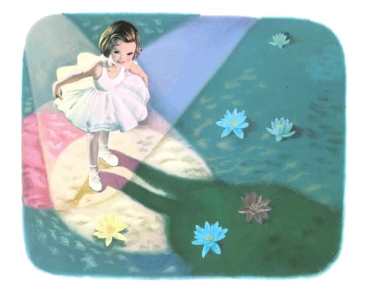 Illustration originale de Martine en ballerine parmi les nénuphars